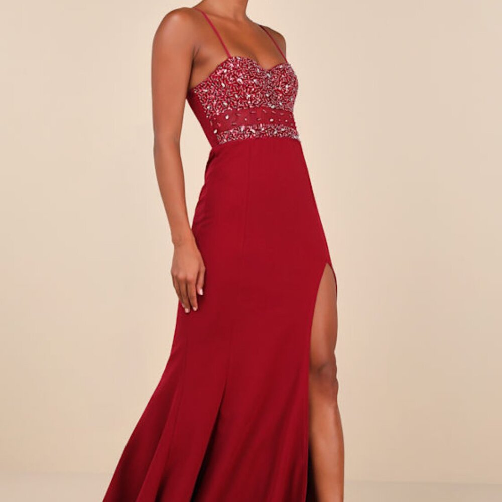 Lulus Luxe Allure Wine Red Beaded Rhinestone Bustier Maxi Dress - Size XL